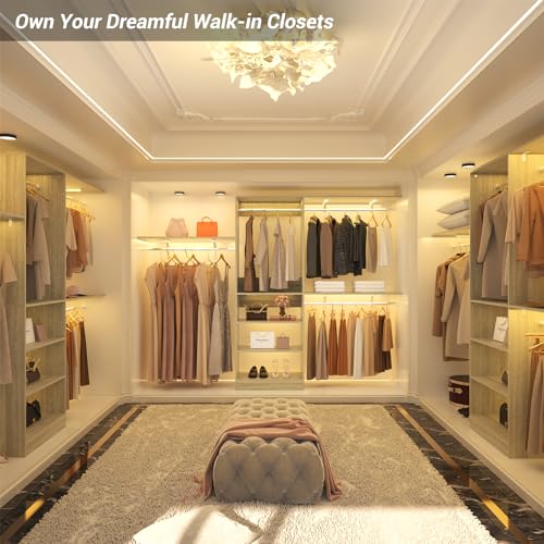 iSunirm 8FT Closet System with Shelves, 96'' Closet Organizer System with 3 Hanging Rods, Wall Mount Bedroom Wardrobe Walk-in Closet, Adjustable Cloth Garment Rack from 5 to 8FT(Cut to Fit), White Oak - color: White Oak