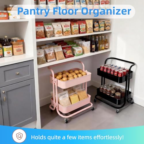 2 Tier Short Rolling Cart with Wheels All-Metal Pink Pantry Storage for Kitchen,Under Desk Trolley with Handle Small Wheeled Storage Cart for Laundry Room Bathroom, Under Table Small Space - color: C-pink