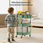 YASONIC 3-Tier Rolling Cart, Green, 66 Pounds Capacity, Mesh Storage Organizer with Lockable Wheels, 3 Hanging Cups, 4 Hooks, Easy Assembly, for Kitchen, Bathroom, Laundry, Grocery - color: Green