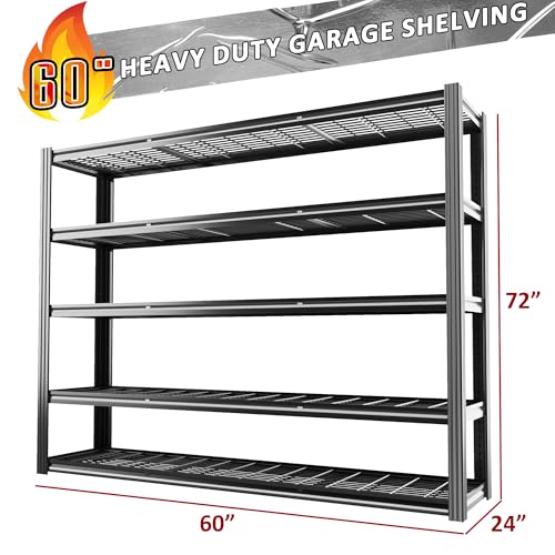 60" W Garage Shelving Heavy Duty Metal Shelving 3030LBS Storage Shelves Adjustable 5 Tier Metal Shelves for Storage Industrial Shelves for Garage, Warehouse, 24." D x 60'' W x 72'' H - color: Black-hidden Hole, size: 60" W x 24" D x 72" H