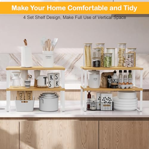 OGEMXU Cabinet Shelf Organizers, 15.7 inches Large Kitchen Counter Shelf, Set of 4 Wood Kitchen Pantry Organizer, Storage Shelves for Countertop, Spice Rack, Stackable, Expandable, Metal White, Nature - color: White and Natural Beige, size: 4pcs 7.8" D x