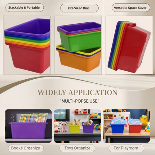 RAUVOLFIA 6 Pack Small Cubby Bin Storage Bins, Multi-Purpose Plastic Storage Bins Stackable Organizer Storage Cubbies for Home, Playroom, Classroom (Rainbow) - color: Rainbow