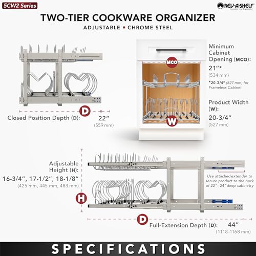 Rev-A-Shelf 2-Tier Kitchen Cabinet Pullout 20.75" Cabinet Organizer for Pots, Pans, and Lid Cookware, Adjustable Heavy Duty Wire, Chrome, 5CW2-2122-CR - size: 21 in.