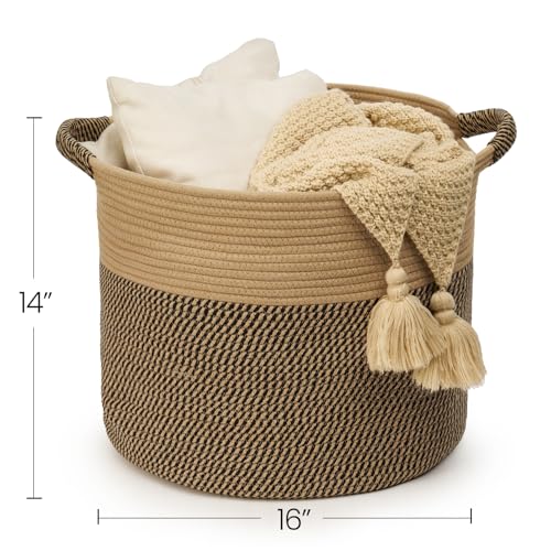 Blanket Basket - Woven Round Rope Storage Basket (16"Wx14"H) for Blankets & Throws, Small Laundry & Toy Organizer, Decorative Living Room & Bedroom Cotton Basket - Jute & Black - color: Jute & Black, size: Regular-16"Wx14"H