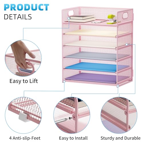 Marbrasse 6 Tier Paper Organizer Letter Tray - Mesh Desk File Organizer with Handle, Paper Sorter for Letter/A4 Office File Folder Holder -Pink - color: 6 Tier - Pink