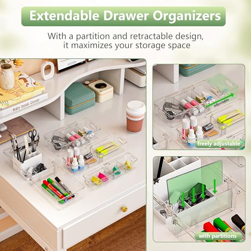 BLULEE Adjustable Clear Drawer Organizers, Expandable Bathroom Drawer Organizer Bins with Dividers, Versatile Makeup Organizer for Drawer, Plastic Desk Drawer Organizer (8 Pcs) - size: 8 PCS