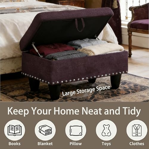 Ottoman with Storage for Living Room, 28.5'' small storage ottoman, Upholstered Entryway Bench, End of Bed Storage Bench, Small Ottoman FootStool, Tufted Coffee Table, For Living Room, Bedroom, Purple - color: Purple