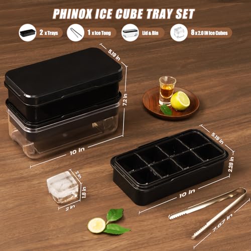 PHINOX Large Ice Cube Tray with Lid and Bin, Ice Trays for Freezer, 2 INCH Whiskey Ice Cubes Mold, 2*8 pcs Square Ice Cube Mold with Tong, Easy to Release, Large Ice Tray for Whiskey Cocktail Bourbon - color: Black, size: 2.0"-2tier