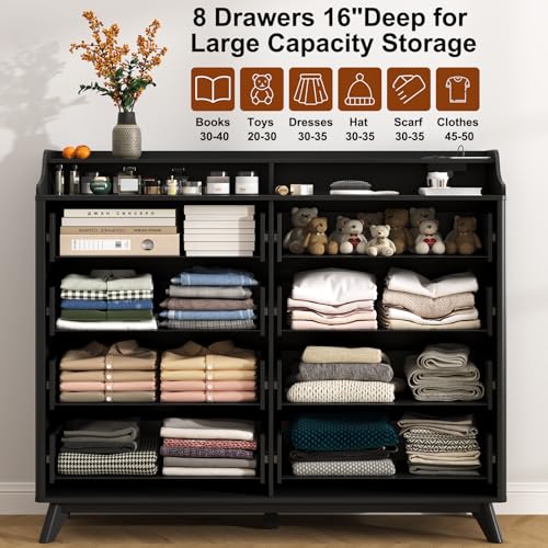 Dresser for Bedroom with 8 Drawers, 55" Large Dresser & Chest of Drawers with Charging Station, Wood Closet Clothes Storage Tall Dressers Organizer for Bedroom Living Room Hallway (Black) - color: Black, size: 16"D x 55"W x 46"H (8 Drawers)