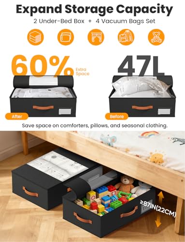 TOSKING 2-Pack Under Bed Storage Bins with Wheels and 4 Vacuum Seal Bags, Heavy Duty 80lbs Capacity,7.9"Height Clear Lid Organizer for Dorm Bedroom Clothes Shoes Toys, Quick Assembly Space Saver Black - color: Black, size: 7.9 inches