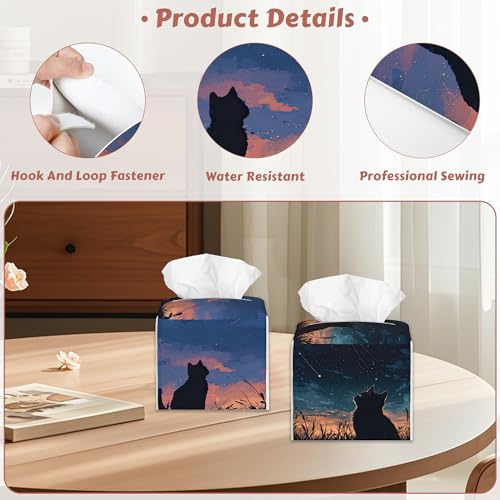 Starry Night Sky Cat Tissue Box Holder, Leather Tissue Box Cover Square, Paper Facial Decorative Tissues Cover for Bathroom Home Car Nightstand Vanity Desk, 2 Pcs - color: Starry Night Sky Cat
