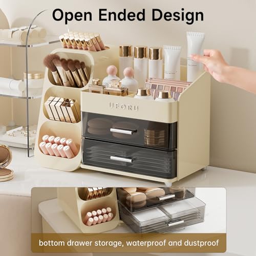 Makeup Organizer for Vanity with Brush Holder, Large Plastic Bathroom Countertop Skincare Organizer with 2 Drawers, Spacious Cosmetic Display Case for Perfumes, Eyeshadow Palettes, Nail Polishes - color: Cream White, size: Large