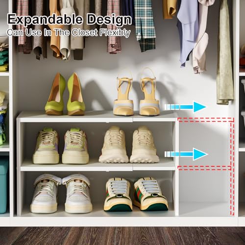 2 Pack White Shoe Rack for Closet, 2-Tier Expandable Small Shoe Shelf, Stackable Iron Wood Combination Shoe Organizer Racks Shelves for Closets, Entryway, Hallway, Garage, Holds 12-24 Pairs - color: White, size: 2 Pack (2 Tier)