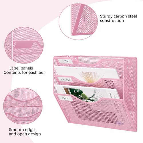 EasyPAG 3 Pocket Mesh Wall File Organizer, Hanging Paper Folder Holder with Classify Label, Vertical Wall Mount Mail Organizer for Office Home Classroom, Pink - color: Pink, size: 3 Tier