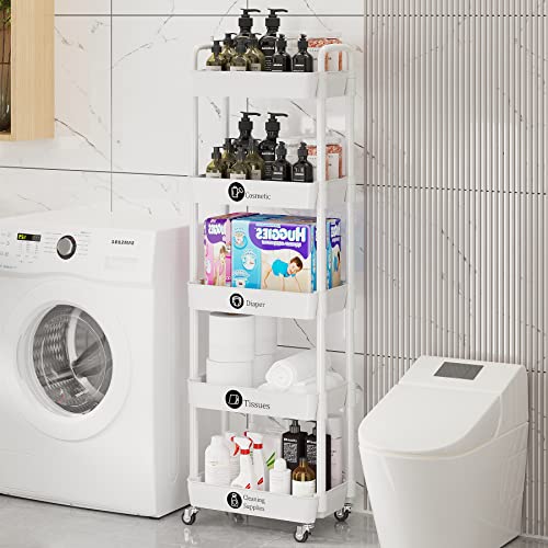 Laiensia 5-Tier Rolling Cart with Wheels,Multifunction Utility Storage Carts, Kitchen Storage Organizer,Mobile Shelving Unit for Bathroom,Laundry,with Classified Stickers,White - color: White, size: 5-Tier