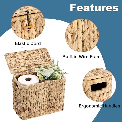 Sumnacon Toilet Paper Basket, Wicker Water Hyacinth Toilet Paper Holder with Handles and Lid, Holds Up to 4 Mega Rolls, Decorative Farmhouse Woven Bathroom Accessories Toilet Tissues Organizer, Small - size: Small