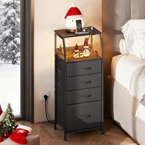 WLIVE Night Stand with Charger Station, LED Nightstand with 4 Fabric Drawers and Storage Shelf, Tall Dresser for Bedroom, 37.48" H Bedside Table with 3 USB Ports and Outlets, Black - color: Black, size: 4 Drawers