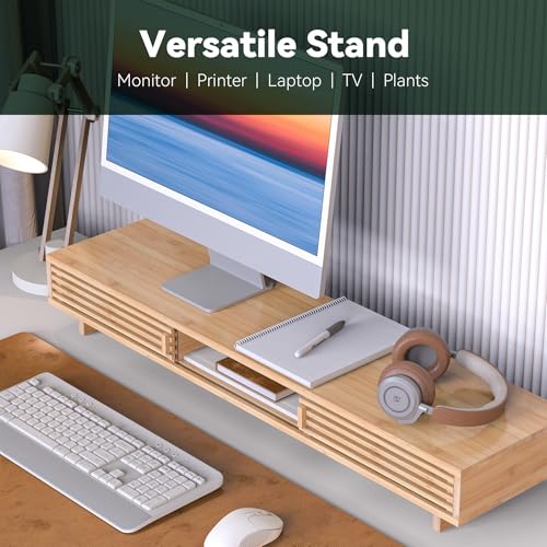 Dual Monitor Stand Riser with Sliding Door, Double Computer Laptop Stand Desk Shelf Organizer with Storage for 2 Monitors (Natural Bamboo, 38 Inch) - color: Natural Bamboo, size: 38 Inch