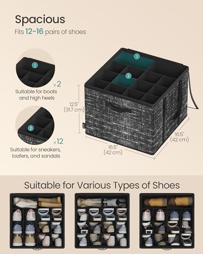SONGMICS Shoe Organizer for Closet, Shoe Storage Box with Clear Lid, Foldable Fabric Bins, Holds 16 Pairs, Reinforced Handles, 16.5 x 16.5 x 12.5 Inches, Ink Black ULSP601B01 - color: Ink Black, size: 1 Pack