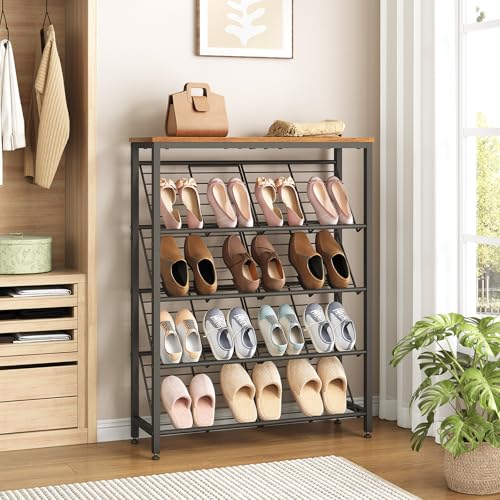HOOBRO Shoe Rack, 5-Tier Narrow Slanted Shoe Storage Shelf, Slim Shoe Organizer for Front Door Entrance, Garage, Entryway, Holds up to 12-16 Pairs of Shoes, Rustic Brown and Black BF20XJ01