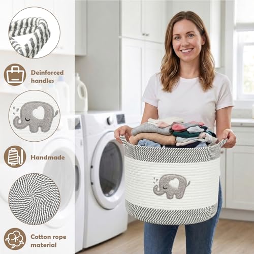 Baby Laundry Basket for Nursery, Baby Storage Baskets, Soft Foldable Cotton Rope Bin with Cute Embroidered Designs for Home Toys Organizer - color: Elephant