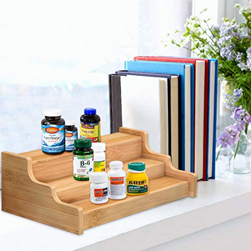 Spice Rack Kitchen Cabinet Organizer- 3 Tier Bamboo Expandable Display Shelf Yellow - color: Yellow