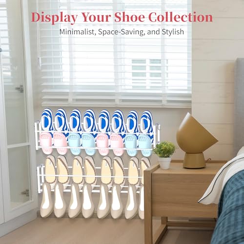 3 Pack Wall Mounted Shoe Rack for Narrow Spaces, Hanging Shoe Rack Holds 24 Pairs, 17"-30"Adjustable Heavy Duty Wall Shoe Storage with 6 Storage Hooks, Space Saving for Closet Entryway Door, White - color: White, size: 3 Pack