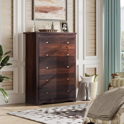 WLIVE Wood Dresser with 5 Drawers, 45" Tall Dresser for Bedroom, Chest of Drawers, Storage Cabinet and Organizer Drawers for Living Room, Hallway, Closet, Rustic Brown - color: Brown, size: 5 Drawers