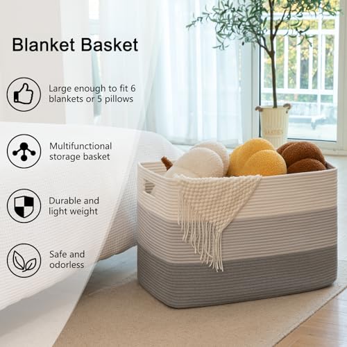 OIAHOMY 108L Super Large Blanket Basket, 25”x16”x16”(108L) Rectangle Woven Baskets for Storage, Cotton Rope Basket For Living Room, Toy Storage with Handle - Gradient Grey - color: Gradient Grey