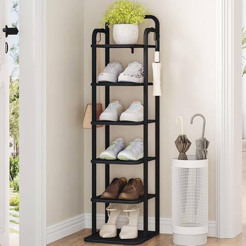 Hzuaneri Vertical Shoe Rack, Shoe Shelves, Wood Shoe Organizer for Closet, Entryway, Shoe Tower for Small Spaces, Free Standing, Adjustable, with 2 Hooks, 6 Tier Black SR04204B - color: Black, size: 6 Tier(11.8"D x 10.4"W x 39.8"H)