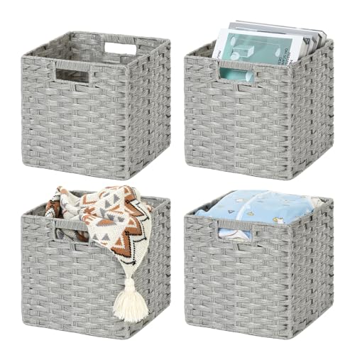 DULLEMELO Wicker Baskets With Liner Set of 4, 11x11x11 Inch Collapsible Storage Bins, Decorative Organizing Baskets, Light Grey - color: Light Grey, size: 11"-4 pack