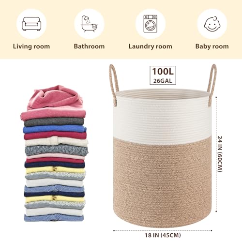 OIAHOMY Large Laundry Basket Hamper - 100L Cotton Rope Woven Basket for Blankets, Toys, Clothes - Tall Decorative Nursery Hamper with Long Handles, Brown/White - color: Brown/White, size: 100L