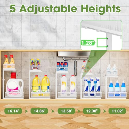 Under Sink Organizer 4-Pack, Metal 2-Tier Pull-Out Cabinet Shelf with Slide-Out Mesh Drawers, Height Adjustable, Space-Saving Storage Racks for Kitchen, Bathroom, Laundry Room, White - color: White-4 Pack