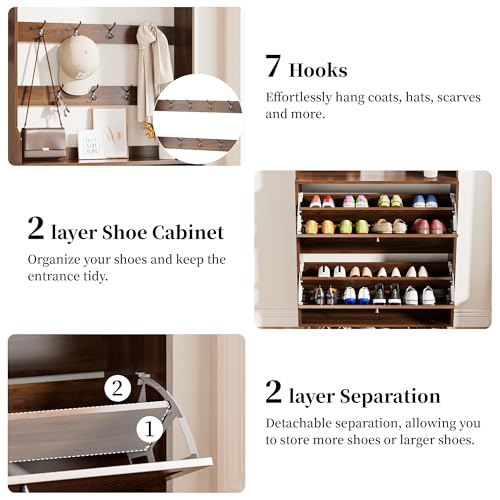 Fsbecl Shoe Cabinet for Entryway with 2 Flip Drawers & Coat Rack, Narrow Hidden Shoe Storage Cabinet with Fluted Panel, 2-in-1 Hall Tree Slim Freestanding Shoe Rack Organizer for Hallway, Walnut - color: Walnut- Double Layer With Rack