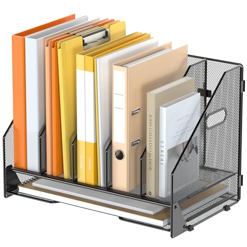 Desk File Folder Holder Organizer-5 Vertical Compartments Racks and Paper Letter Tray,Mesh Magazine File Holder Sorter,Desktop Accessories & Workspace Organizers for Home,Office,School-Black - color: 5 Compartments-Black
