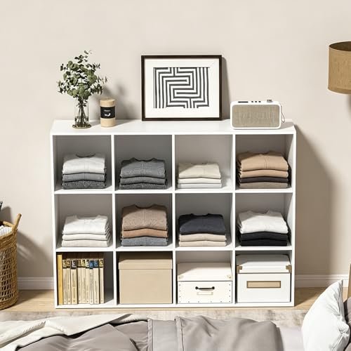 Wooden 12 Cube Storage Organizer with Closed Back Panel,White Cube Shelf Cubby Storage Organizer with Compartments for Living,Bookshelf, Easy to Install (White, 12-Cube-11in) - color: White, size: 12-Cube-11in
