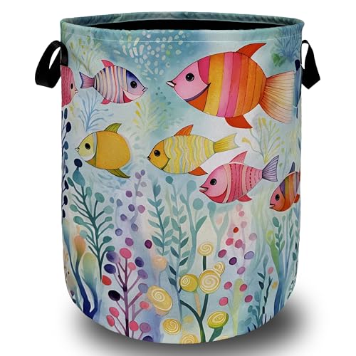 Watercolor Fish Laundry Basket Foldable With Handles Cute Fishes Tote Bag Oxford Cloth Colorful Laundry Hamper Clothes Storage Bucket Toy Organizer For Bathroom/Laundry/Bedroom 18.9"x16.5 " - color: Watercolor Fish Hand Drawn Fishes