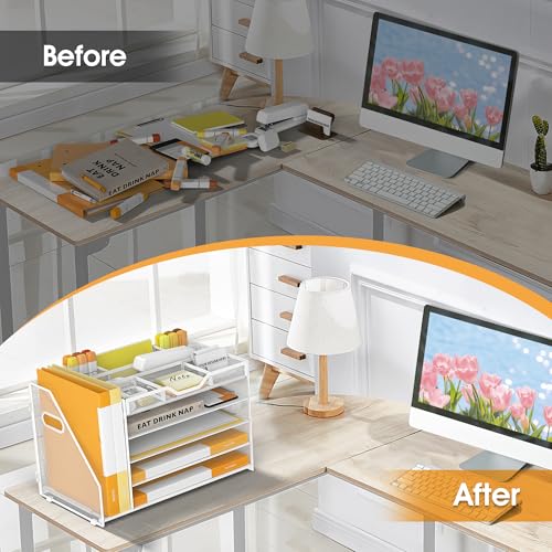 5 Tier Paper Letter Tray with File Holder and 3 Drop-in Pen Holders, Mesh Desk File Organizer with Handle, Desk Organizers and Accessories for School,Home, Office Supplies Storage-White - color: White, size: 15.4" x 9.1" x 10.3"