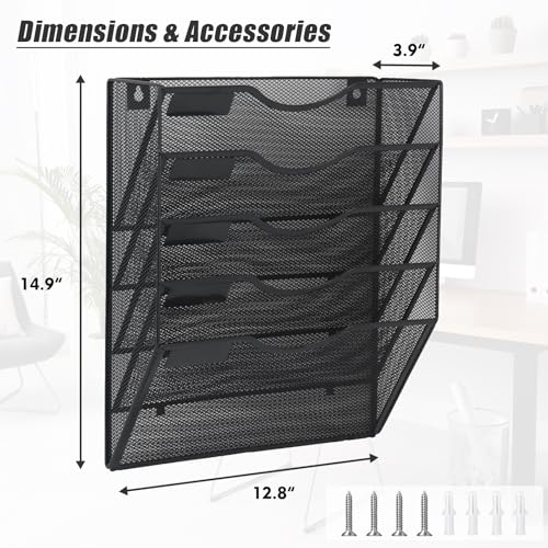 EASEPRES 5 Pocket Mesh Hanging Wall File Organizer, Wall Mounted Mail Paper Document Folder Holder, Clipboard Storage Organization Magazine Rack with Nametag Label for Office Home School, Black - color: Black, size: 5 Tier