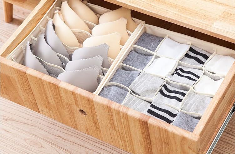 Underwear Drawer Organizer Set – Beige Collapsible Storage Boxes with 16 Compartments for Bras, Socks, and Ties – Made of Oxford Fabric with Sturdy Plastic Frame
