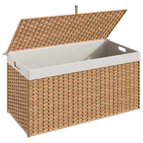 HOOBRO Storage Basket with Lid, 52.8 Gallon (200L) Wicker Basket, Handwoven Blanket Storage Basket with Handles, Metal Frame and Soft Lining, Foldable for Bedroom, Laundry Room, Natural NL220CW01 - color: Natural, size: 39.4"L x 15.7"W x 19.7"H