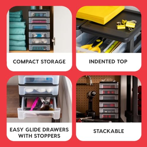 IRIS USA Plastic Stacking Desk Top 3-Drawer Storage Organizer, 4-Pack, for Makeup Vanity Nail Polish Bathroom Stationery Art Craft Supplies Kitchen Office Garage and Small Organization, Small, Black - color: Black, style: Small - 4 Pack