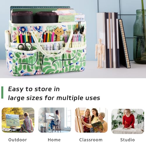 E-WEICHEN Craft Organizer Tote Bag Art Storage Caddy with Multiple Pockets Containers for Art,Craft,and Office Supplies Storage.Green Leaves Flower - color: Green Leaves Flower