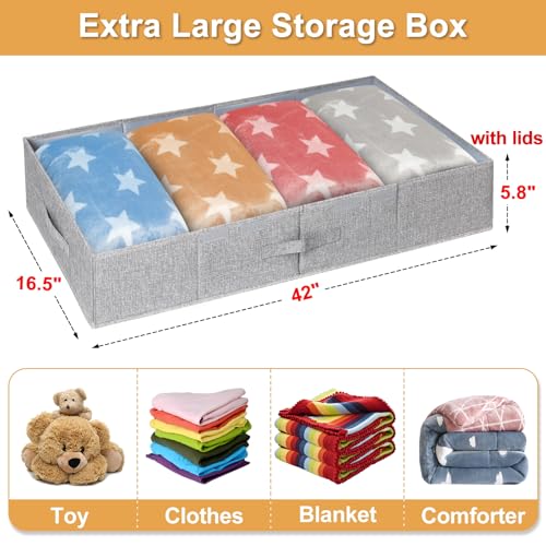 punemi Extra Large Under Bed Storage 65L, 42*16.5*5.8 in Tall underbed storage containers with Lids, Sturdy Closet Organizers and Storage Bins Bags for Blankets Comforter Sweaters Wrapping Paper 2PACK - color: 65L-Grey-2pack, size: 6 inch Tall