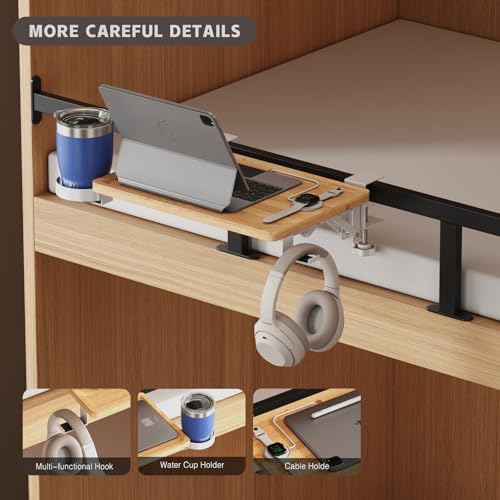 Magheo Bedside Shelf Wood, Foldable Clip-On Bed Shelf for Top Bunk Space Saving Bed Side Table Tray for College Dorm Essentials,Loft Nightstand Organizer Tray with Removable Cup Holder, Hooks - size: Foldable+cup holder/hooks