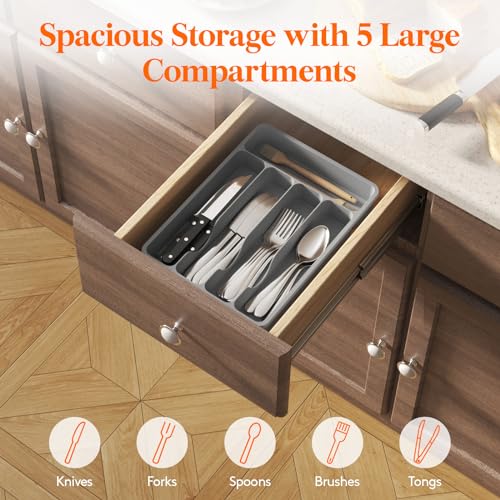 Lifewit Silverware Drawer Organizer Tray, Plastic Cutlery Storage for Kitchen, Flatware and Utensil Holder Divider for Spoons Forks Knives Tableware, 9.1 x 12.6", 5 Slots, Gray - color: Gray, size: 9.1 x 12.6 inch (5 Slots)