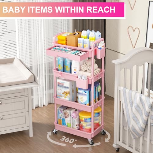 Goovilla 4 Tier Rolling Utility Cart Organizer with Removable Drawer, Stable and Sturdy Pink Rolling Storage Carts with 2 Lockable Wheels for Bathroom, Kitchen, Snack, Craft, Makeup, Baby Essentials - size: 4 Tier, style: Pink