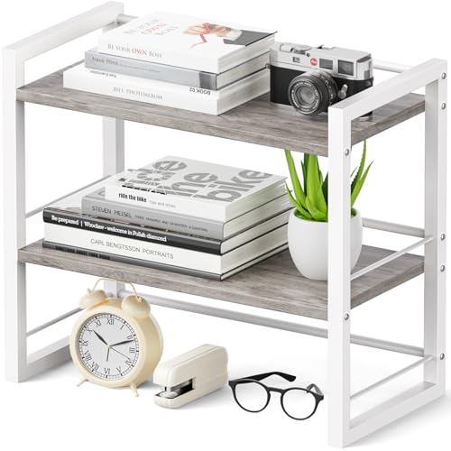 Office Desk Shelf Organizer, Wood Desktop Bookshelf Supplies Storage Rack, Shelf for Top of Desk and Dresser (Grey-2 Tier) - color: Grey