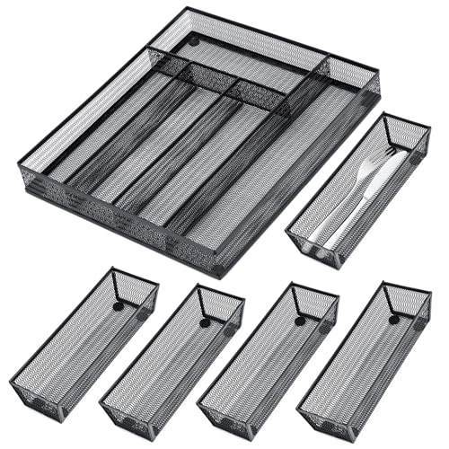Neudeco Drawer Organizer Set 6 Pack - 5-Compartment Silverware Organizer Tray + 5 Utensil Trays, Kitchen Drawer Organizer for Flatware, Cutlery, Office Supplies, Black Mesh, Non-Slip. - color: Black-6L pack