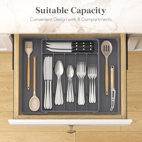 Lifewit Silverware Drawer Organizer, Expandable Utensil Tray for Kitchen, BPA Free Flatware and Cutlery Holder, Adjustable Plastic Storage for Spoons Forks Knives, 10.9"-17.5" x 13.7", Dark Grey - color: Dark Gray, size: Large (11-18''W x 14''D)